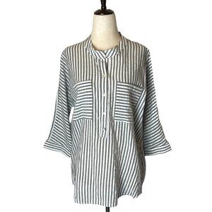 Ellison Blue And White Striped Cotton Bell Sleeves‎ Button Front Blouse Size S